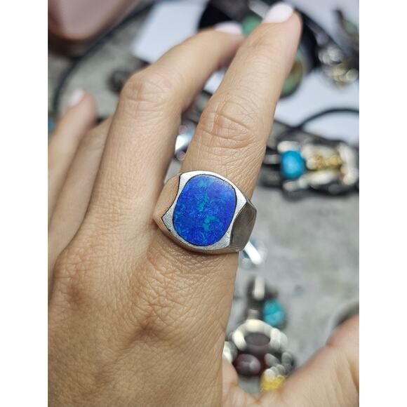 Vintage Sterling Silver Azurite Signet Ring Modernist Mexico 1970s - Picture 4 of 5